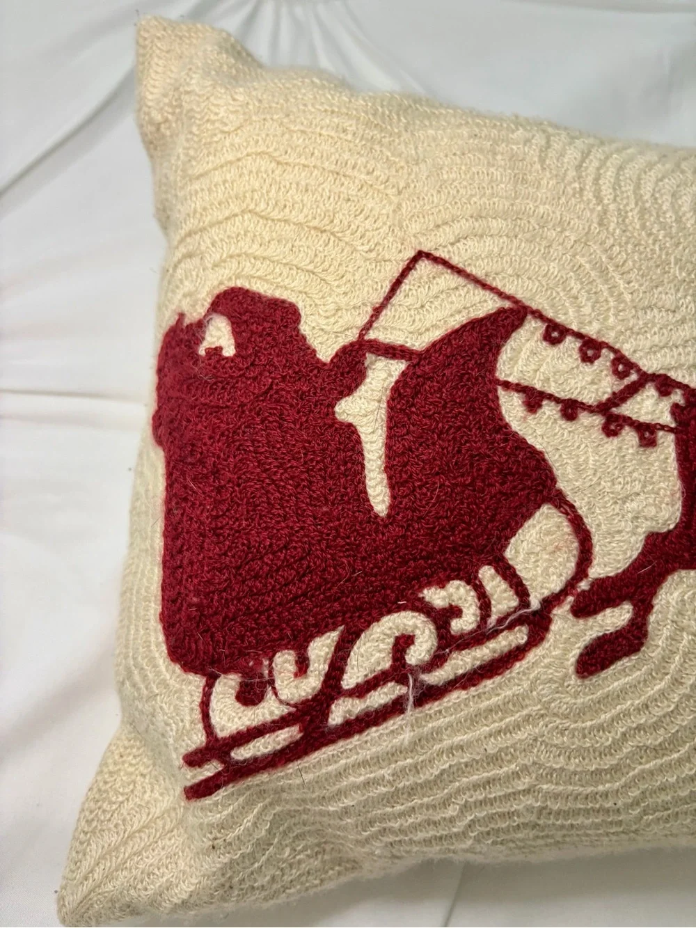 Pottery Barn Embroidered Santa Sleigh Reindeer Holiday Wool Blend Lumbar Pillow
